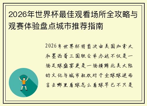 2026年世界杯最佳观看场所全攻略与观赛体验盘点城市推荐指南